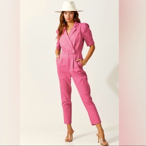 Puff sleeve wrap front denim jumpsuit - Picture 4 of 8